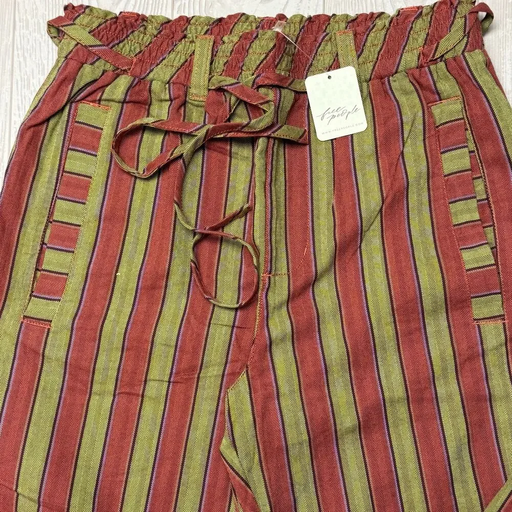 NWT Free People Women’s Striped Wide Leg Pants Tie Waist Boho Olive Rust